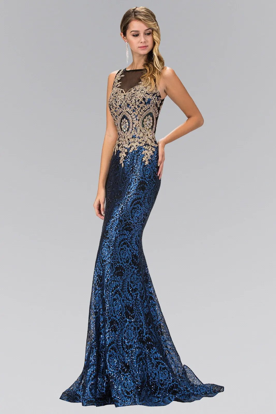 Floor Length Dress with Gold Lace on Bodice and Sequin on Skirt by Tux-USA