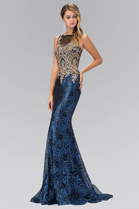 Floor Length Dress with Gold Lace on Bodice and Sequin on Skirt by Tux-USA