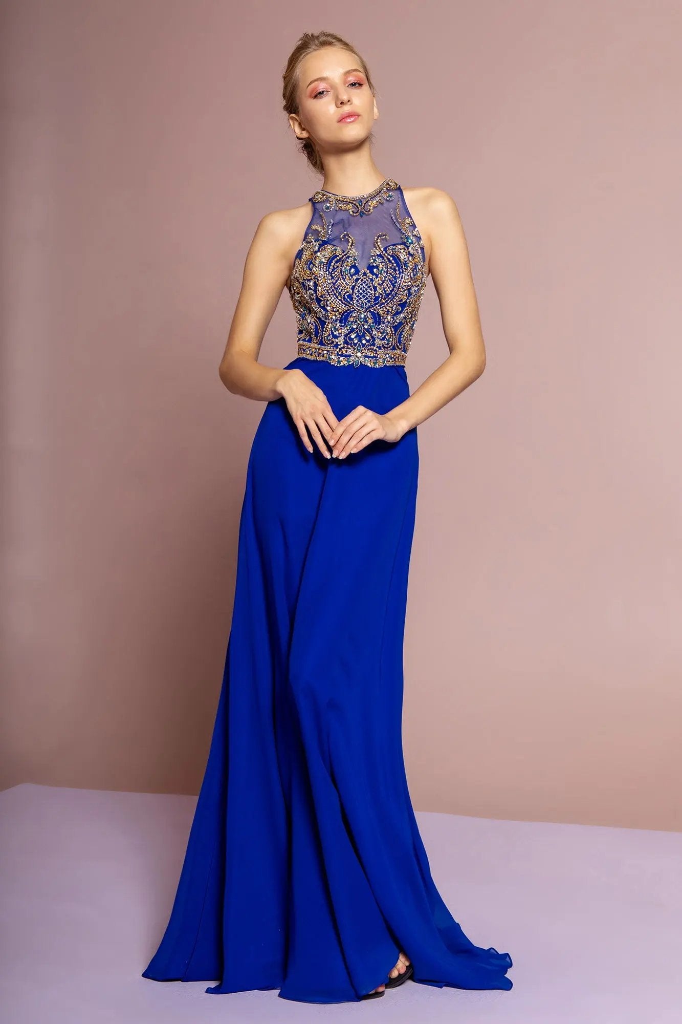 Jewel and Bead Embellished Long Dress with Back Cut Out by Tux-USA