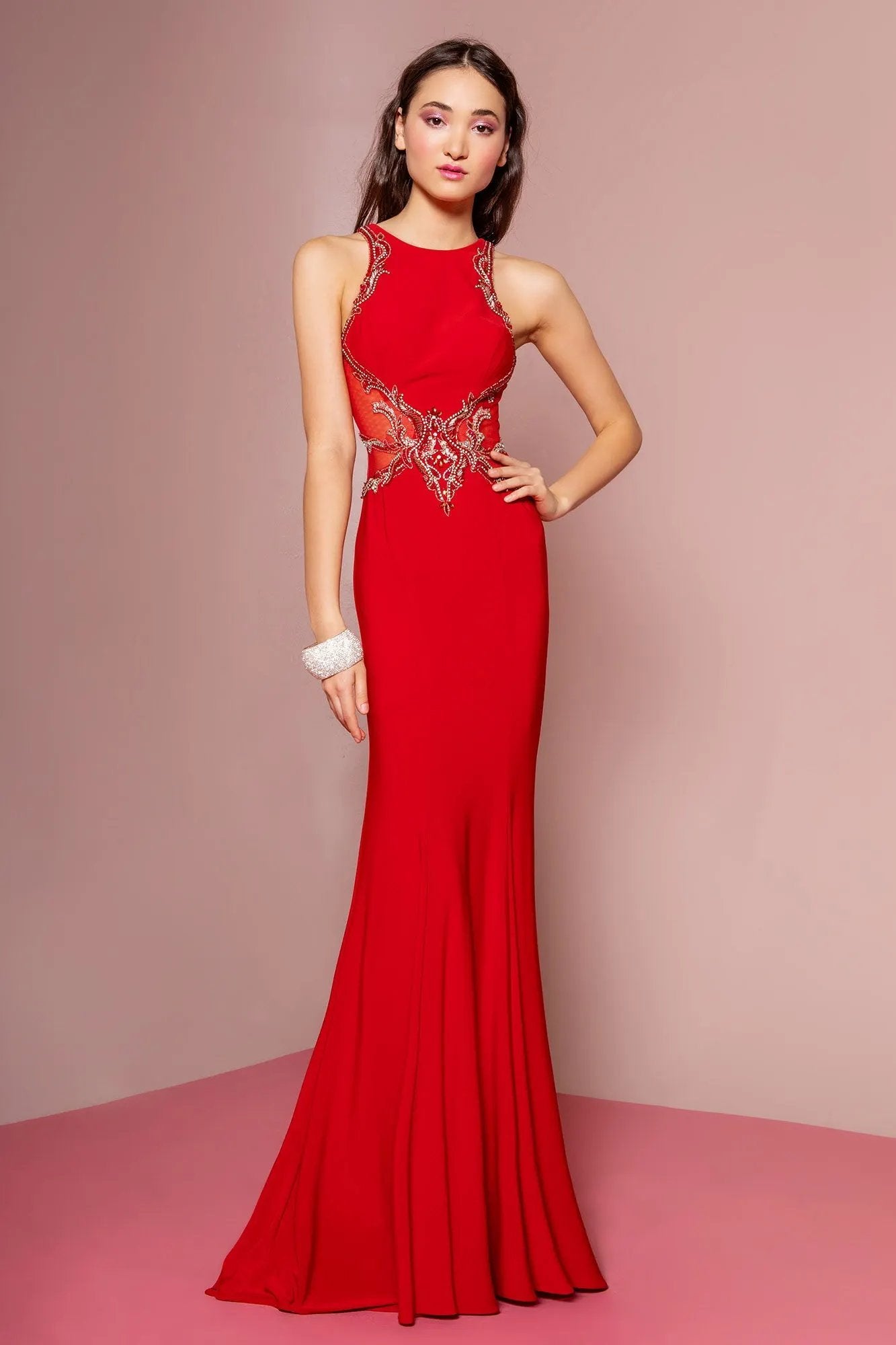 Illusion Back Floor Length Dress with Sheer Side Cut Outs by Tux-USA