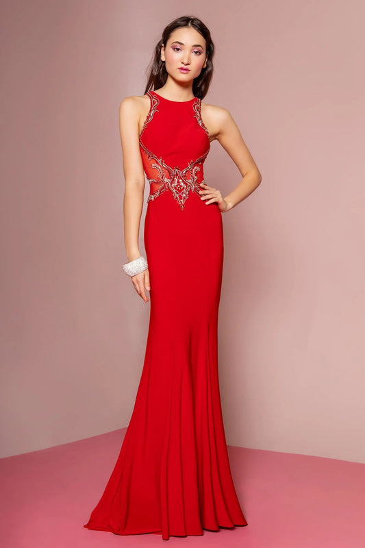 Illusion Back Floor Length Dress with Sheer Side Cut Outs by Tux-USA