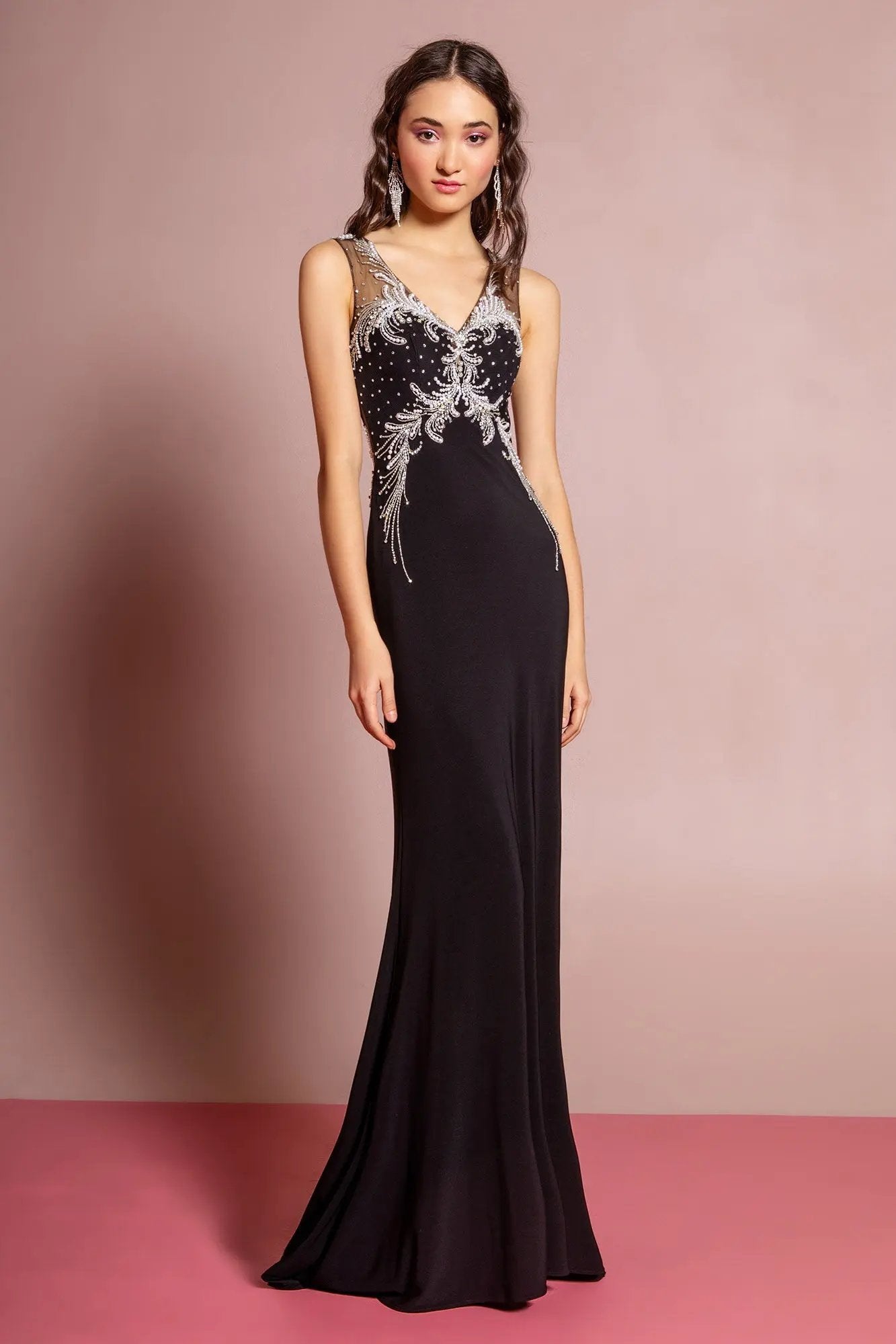 Sheer Open Back Floor Length Dress with Silver Jewel Accents by Tux-USA