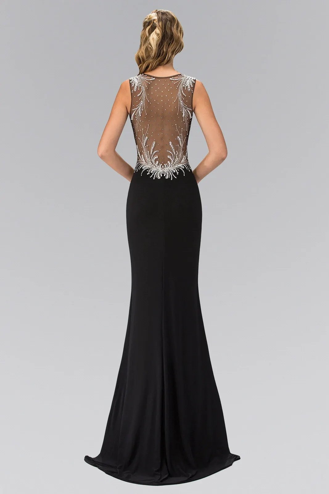 Sheer Open Back Floor Length Dress with Silver Jewel Accents by Tux-USA