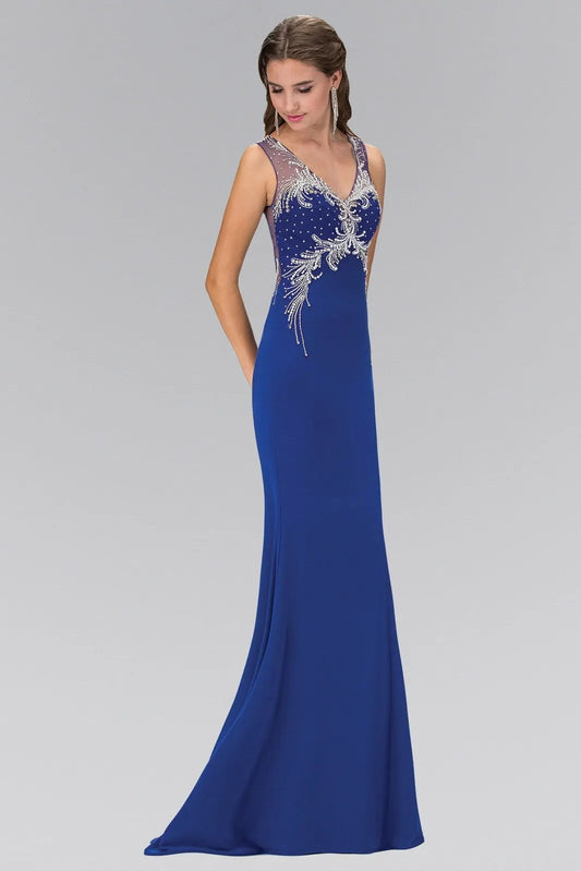 Sheer Open Back Floor Length Dress with Silver Jewel Accents by Tux-USA