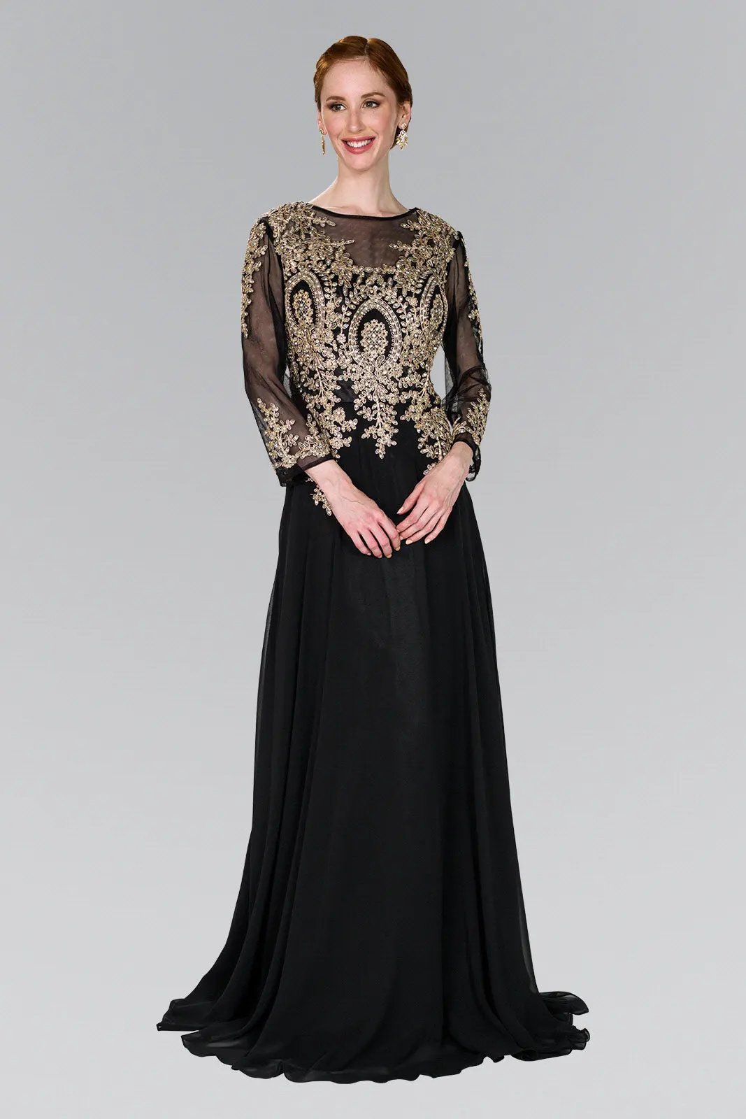 Lace Embellished Floor Length Dress with Sheer Sleeve by Tux-USA