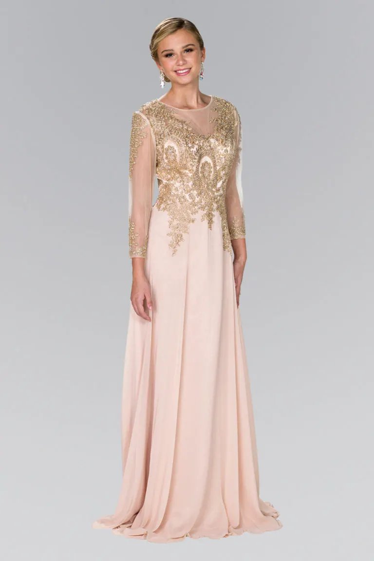 Lace Embellished Floor Length Dress with Sheer Sleeve by Tux-USA