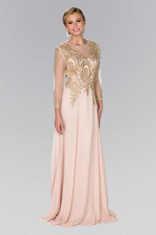 Lace Embellished Floor Length Dress with Sheer Sleeve by Tux-USA
