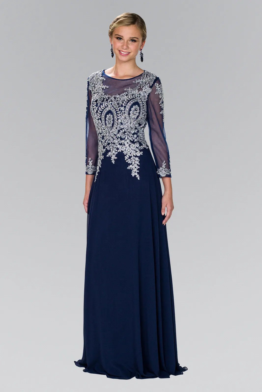 Lace Embellished Floor Length Dress with Sheer Sleeve by Tux-USA
