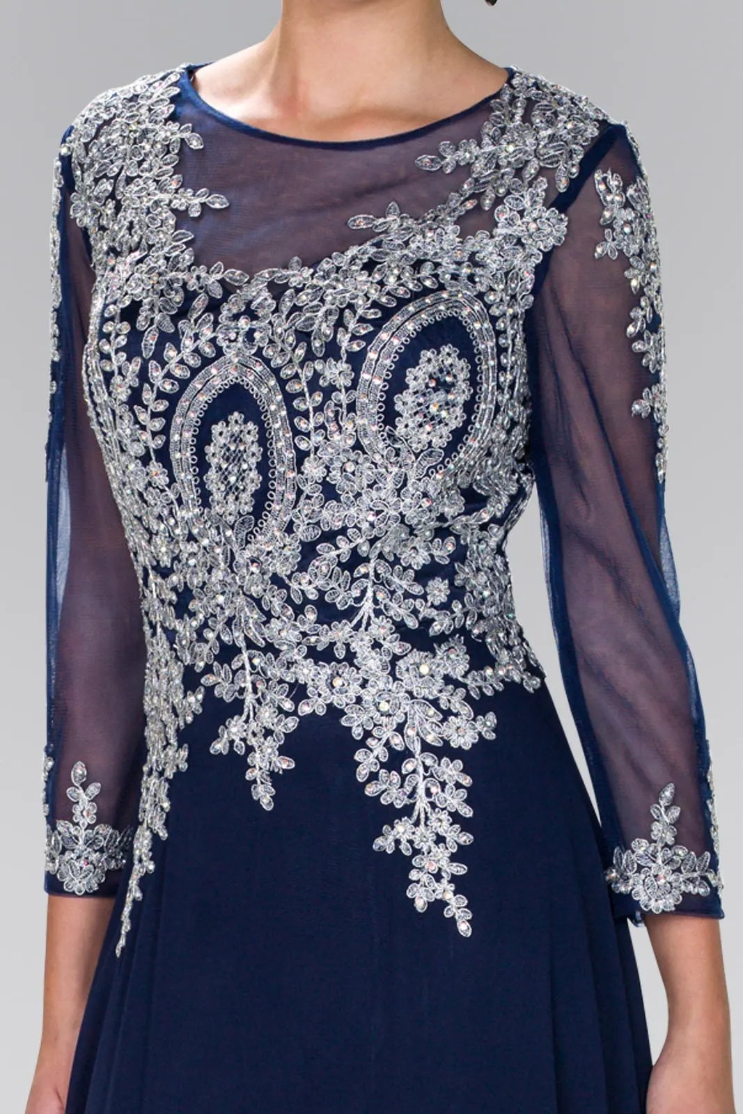 Lace Embellished Floor Length Dress with Sheer Sleeve by Tux-USA