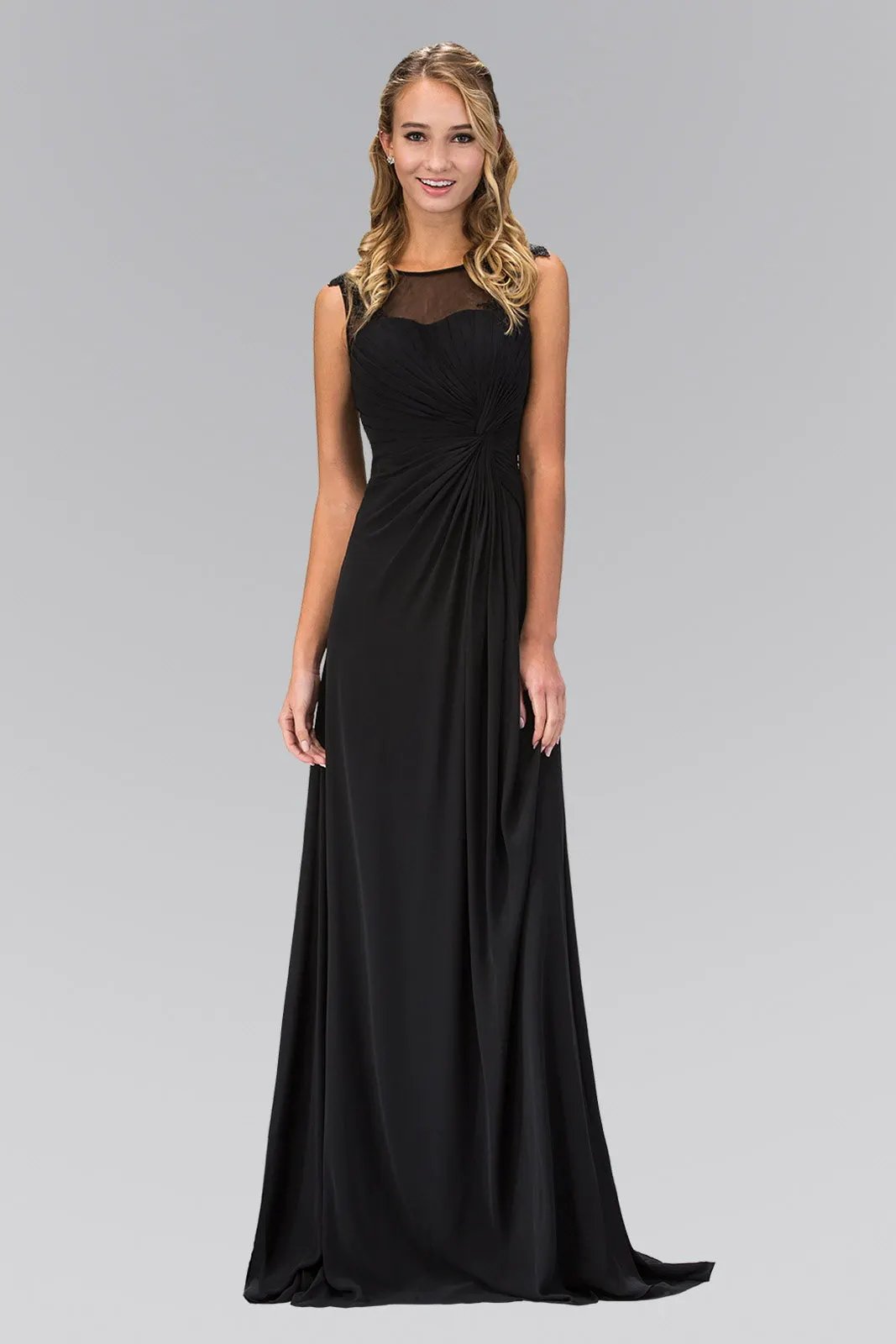 Ruched Floor Length Dress with Illusion Neckline and Sheer Back by Tux-USA