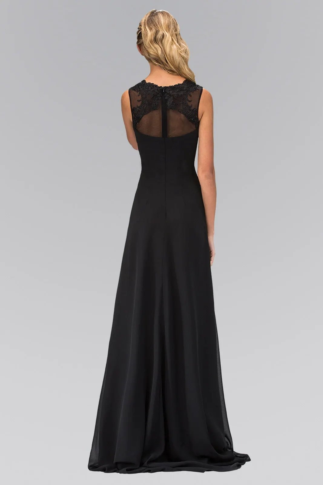 Ruched Floor Length Dress with Illusion Neckline and Sheer Back by Tux-USA