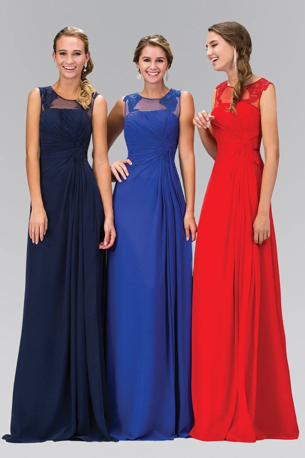 Ruched Floor Length Dress with Illusion Neckline and Sheer Back by Tux-USA