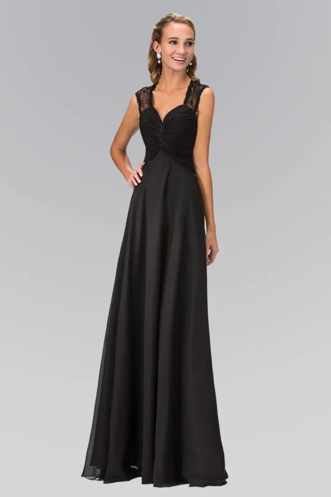 Empire Waist Long Dress with Ruched Bodice and Lace Back by Tux-USA