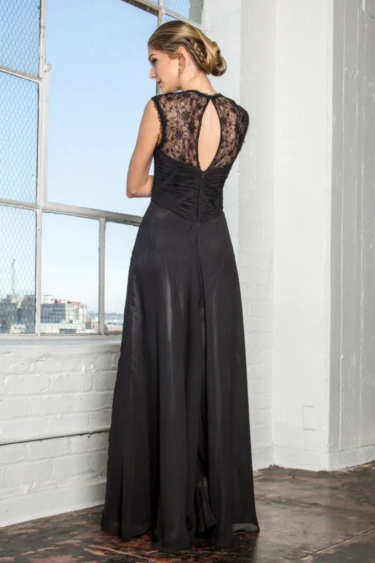 Empire Waist Long Dress with Ruched Bodice and Lace Back by Tux-USA