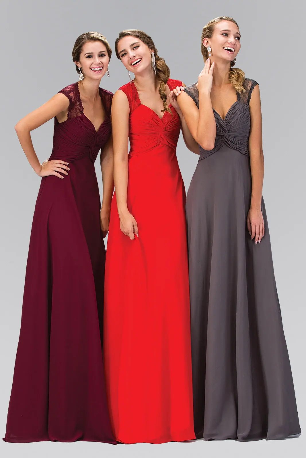 Empire Waist Long Dress with Ruched Bodice and Lace Back by Tux-USA