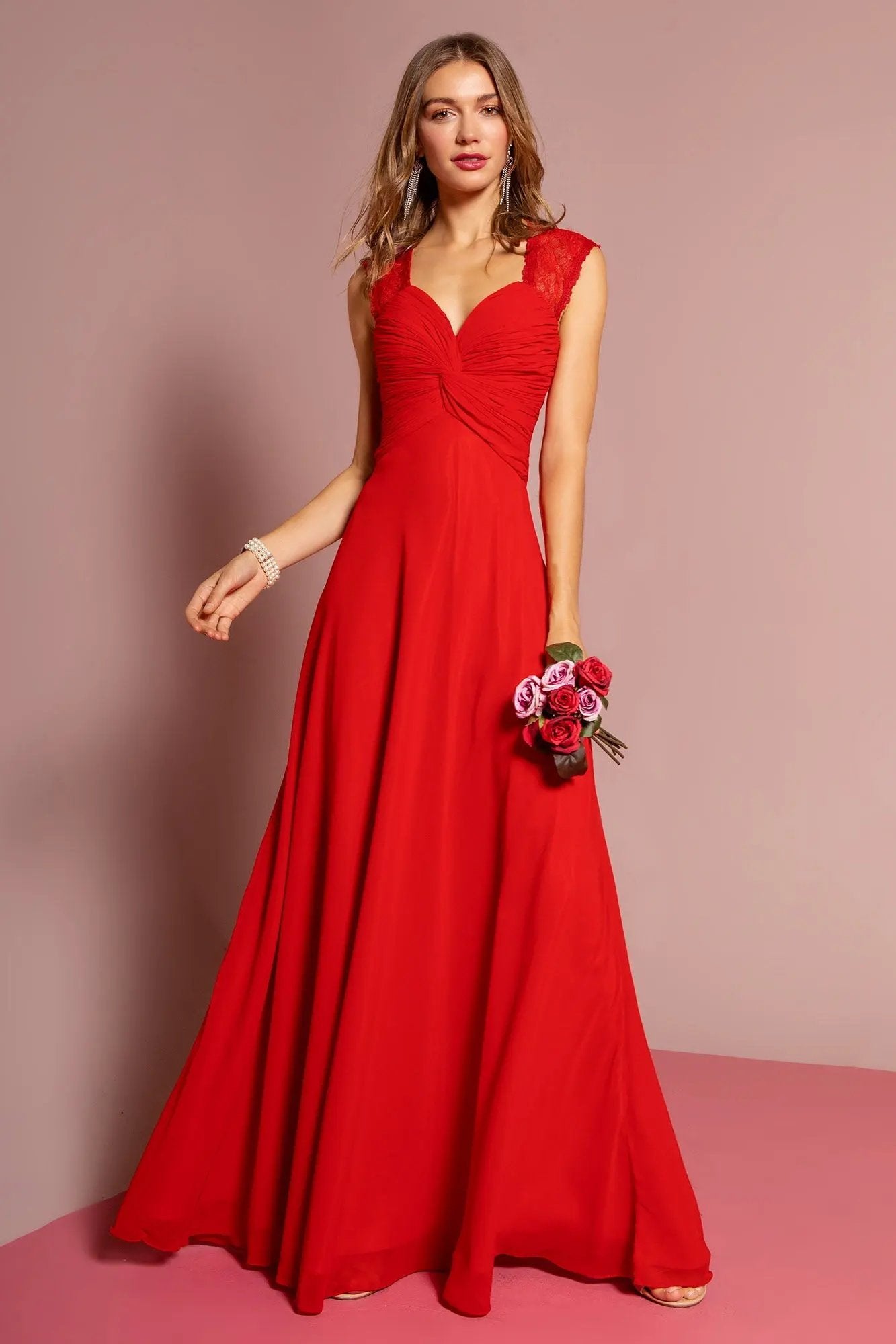 Empire Waist Long Dress with Ruched Bodice and Lace Back by Tux-USA