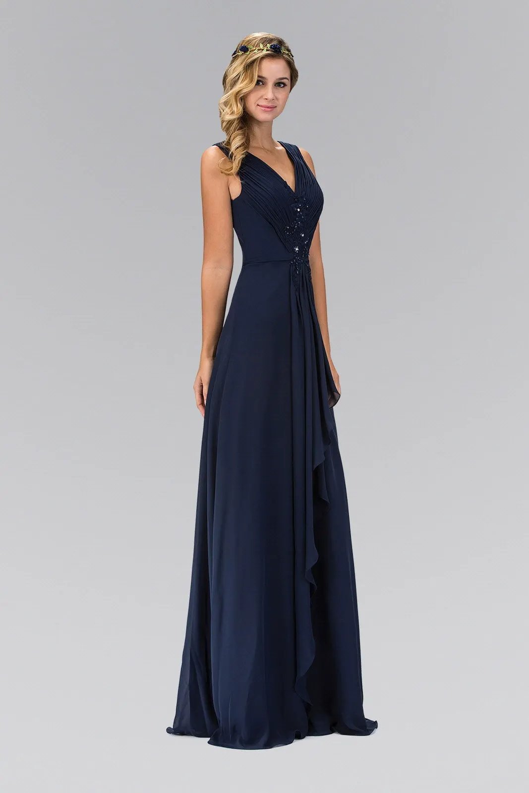 Sleeveless Long Chiffon Dress Accented with Floral Bead by Tux-USA