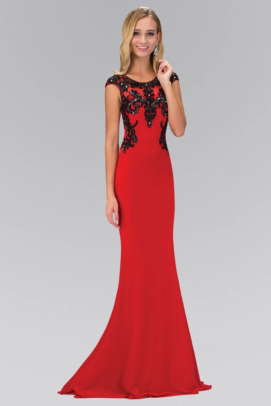Sequin and Lace Embellished Cap Sleeve Long Dress by Tux-USA