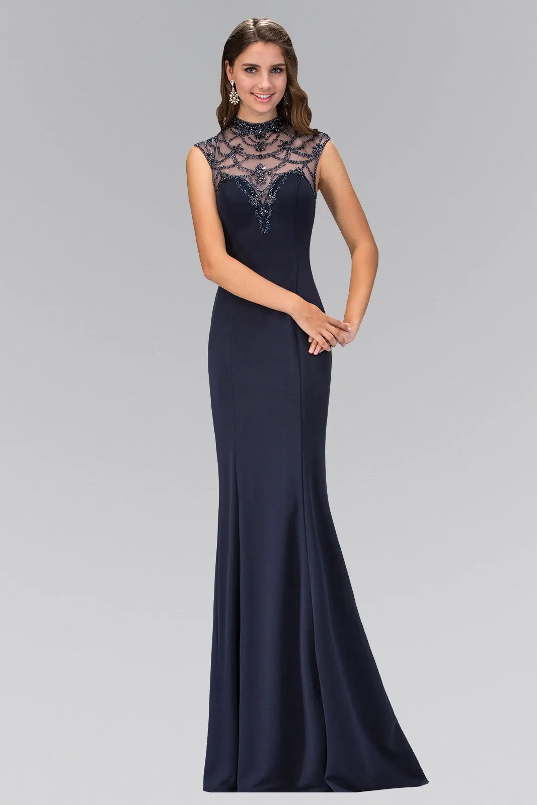 Highneck Navy Long Jersey Dress with Bead Detaiing by Tux-USA