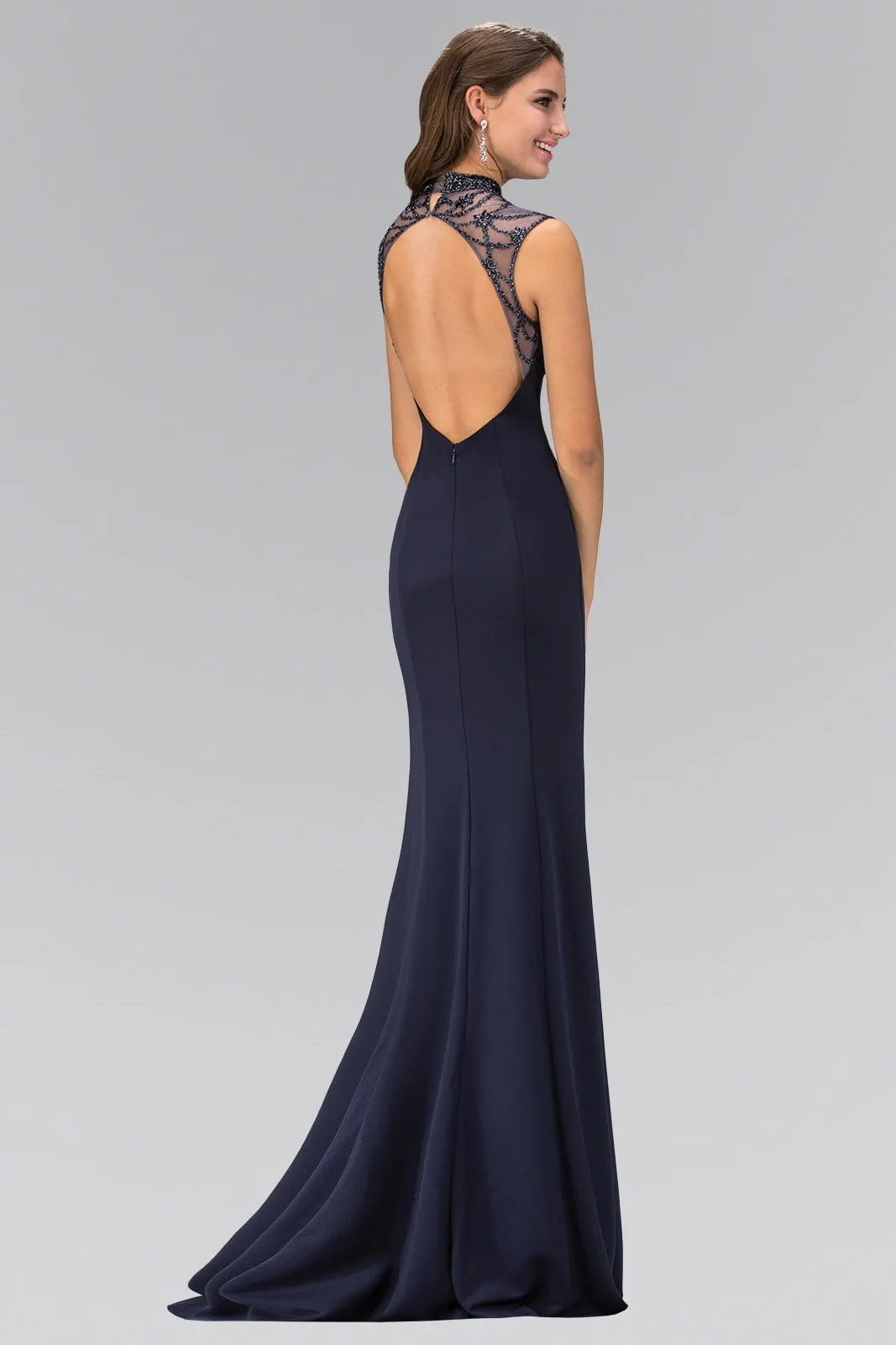Highneck Navy Long Jersey Dress with Bead Detaiing by Tux-USA