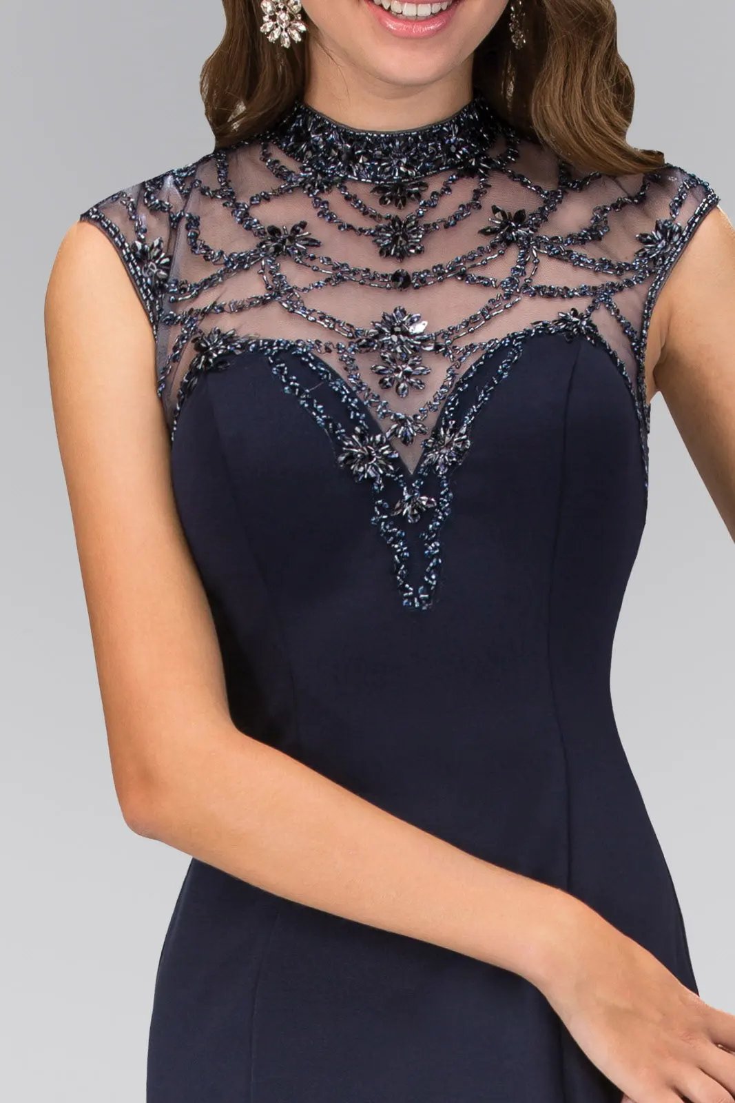 Highneck Navy Long Jersey Dress with Bead Detaiing by Tux-USA