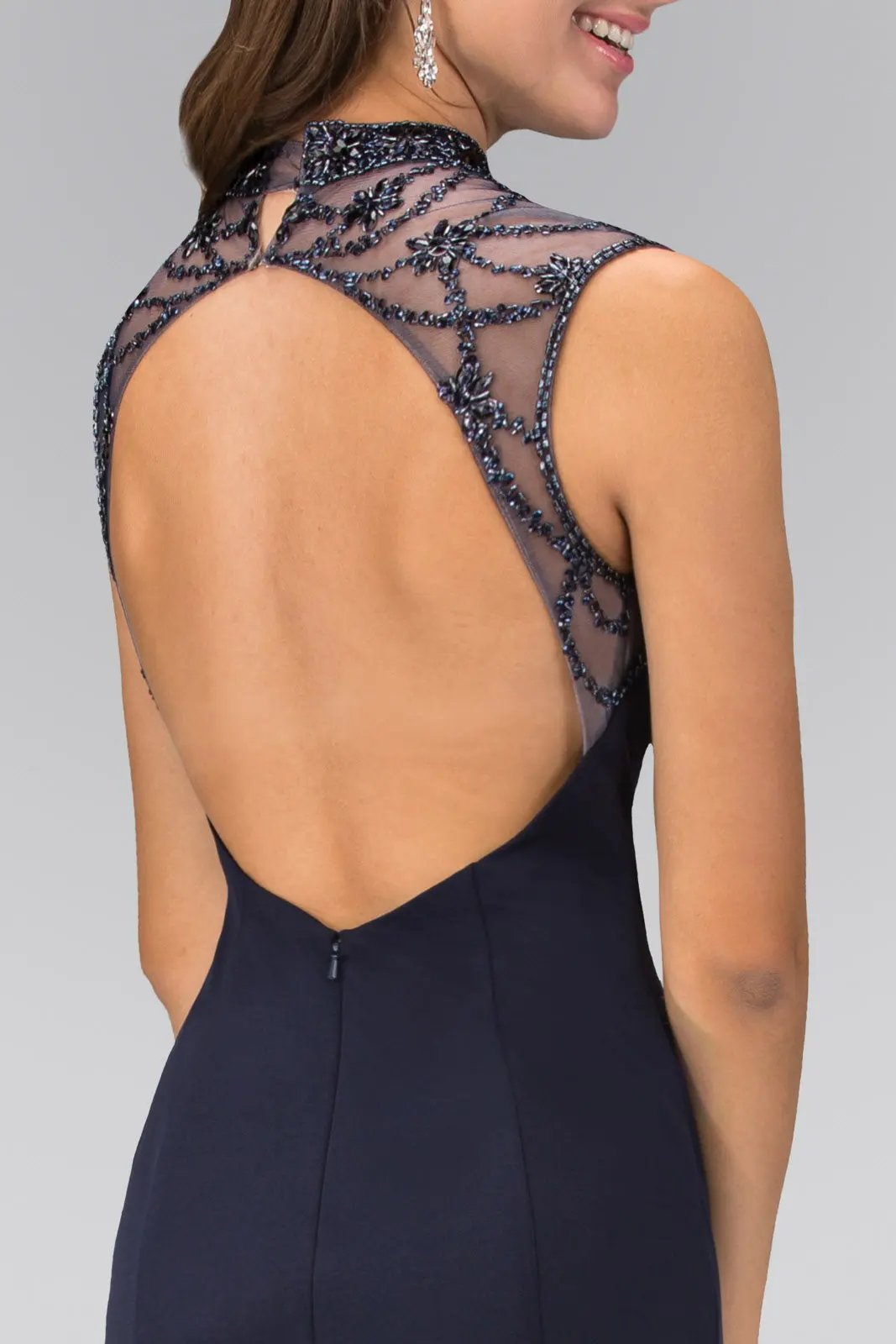 Highneck Navy Long Jersey Dress with Bead Detaiing by Tux-USA