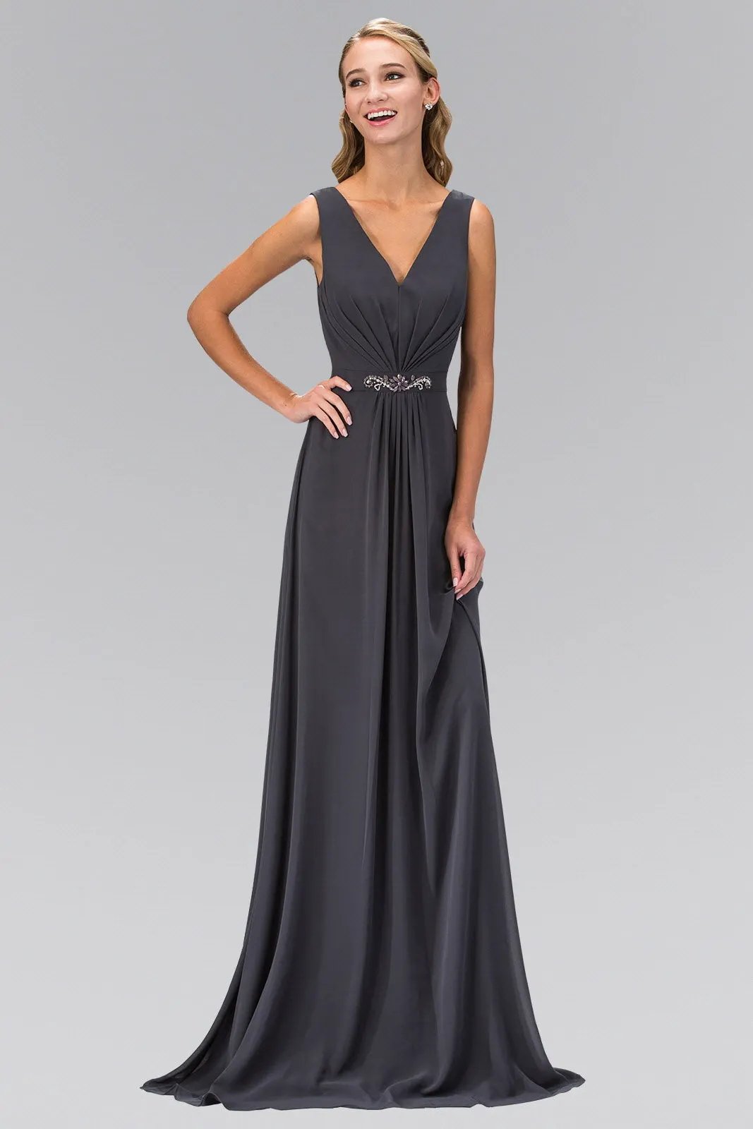 V-Neck Chiffon Long Dress Accented with Jewel on Waist by Tux-USA