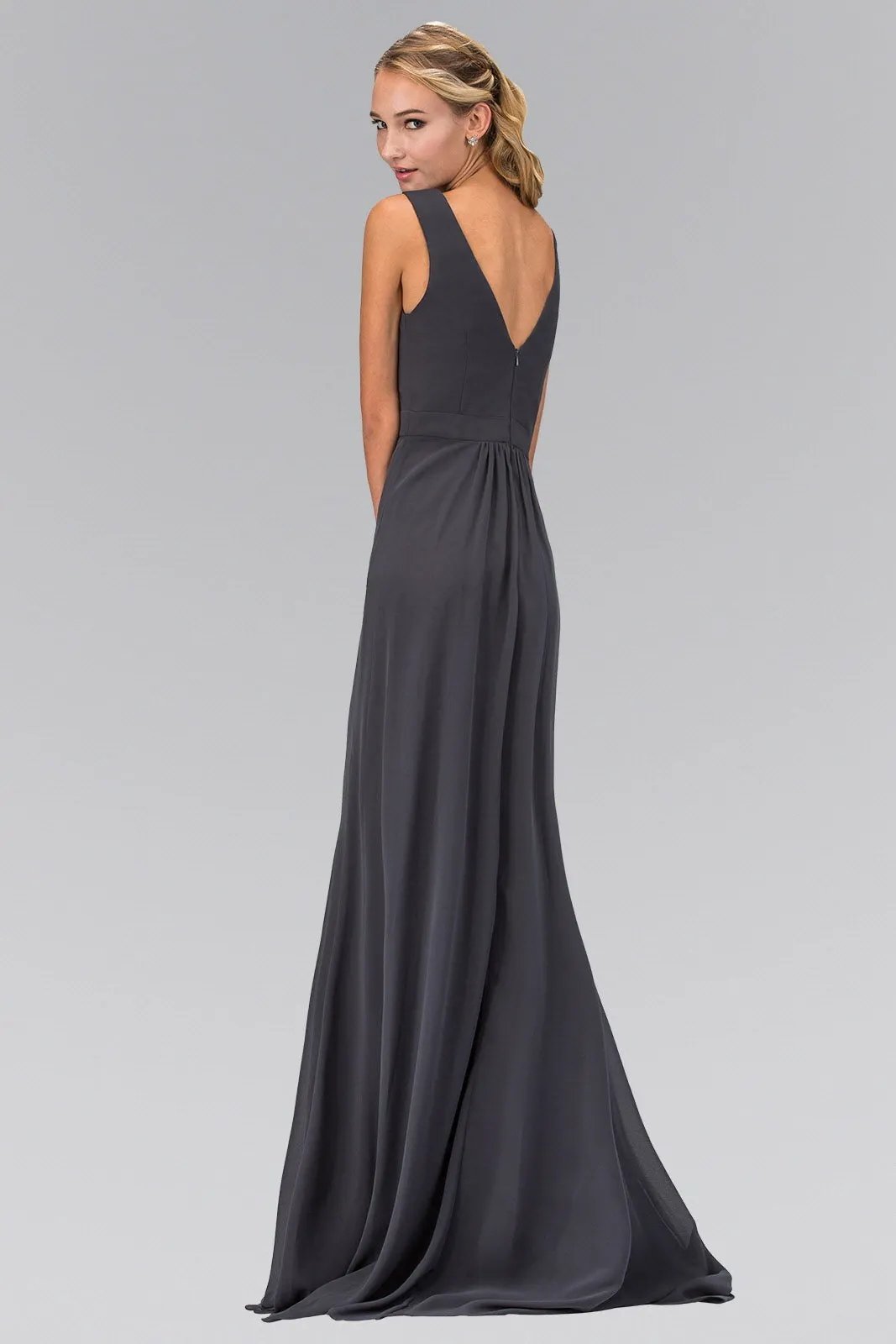 V-Neck Chiffon Long Dress Accented with Jewel on Waist by Tux-USA