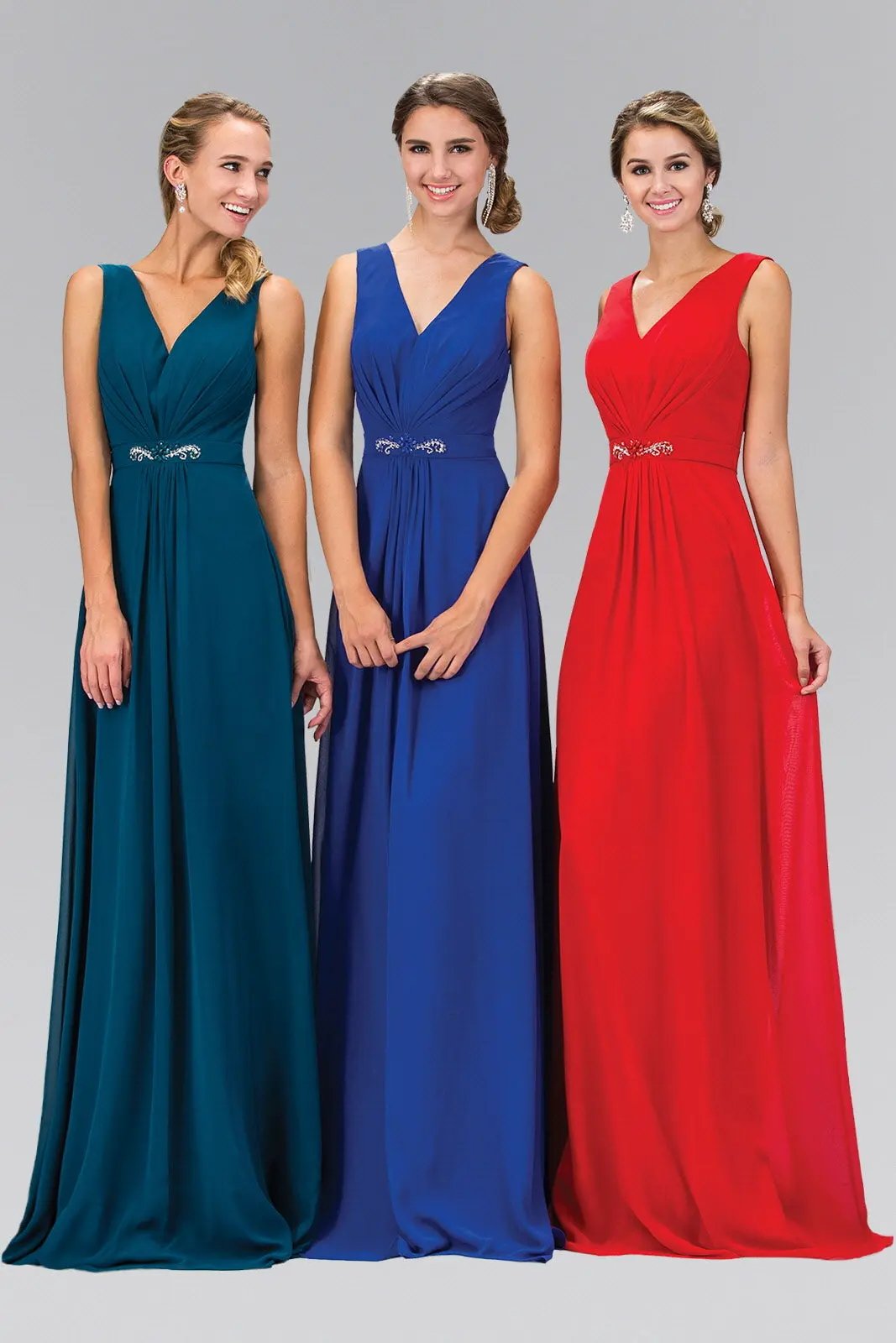 V-Neck Chiffon Long Dress Accented with Jewel on Waist by Tux-USA