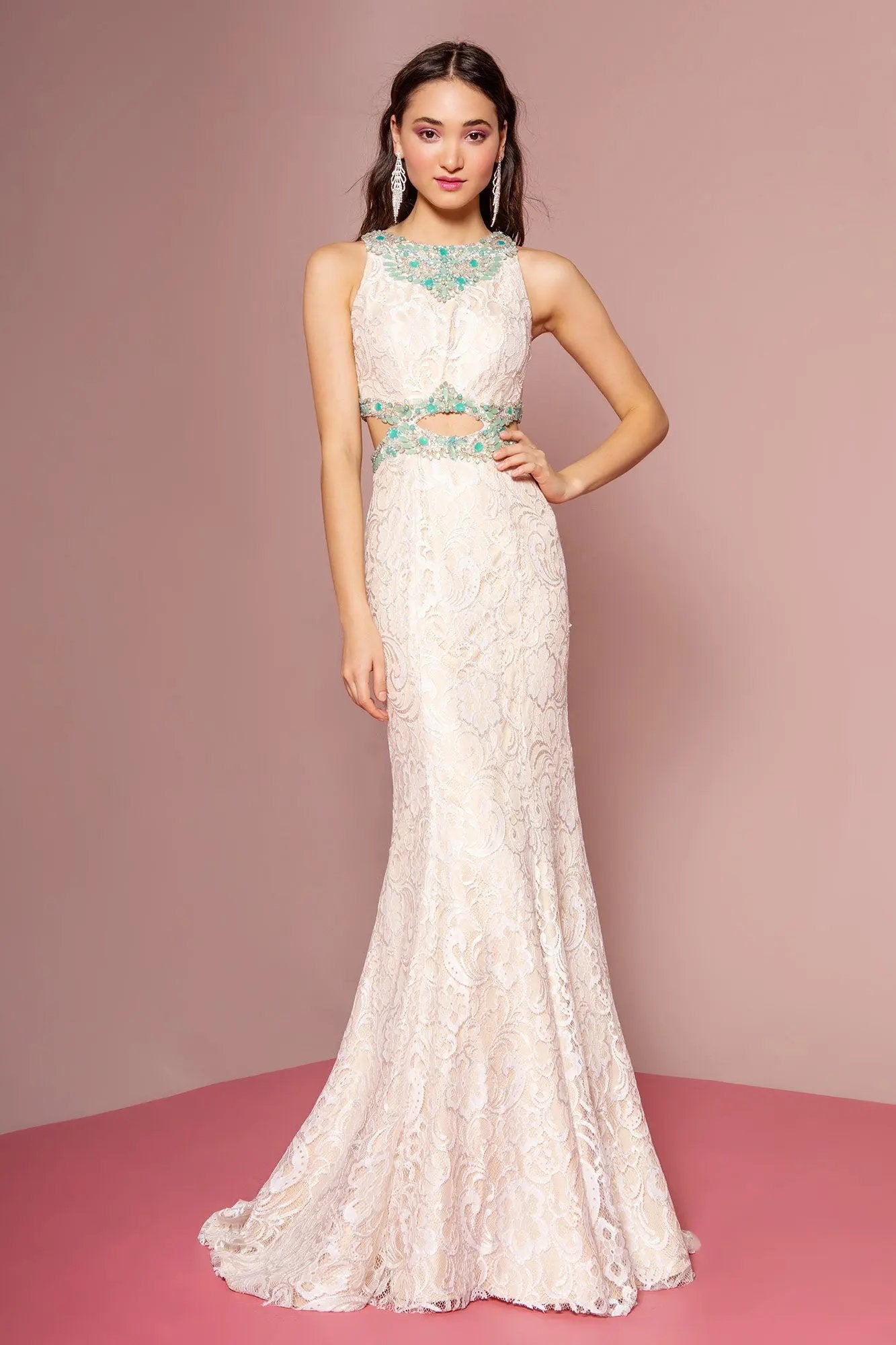 Long Ivory Lace Dress Accented with Bluish Jewel and Cut Outs by Tux-USA