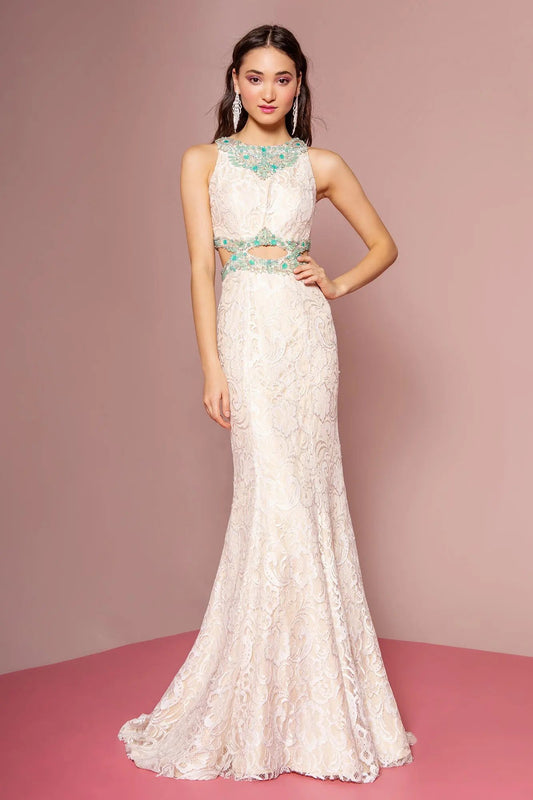 Long Ivory Lace Dress Accented with Bluish Jewel and Cut Outs by Tux-USA