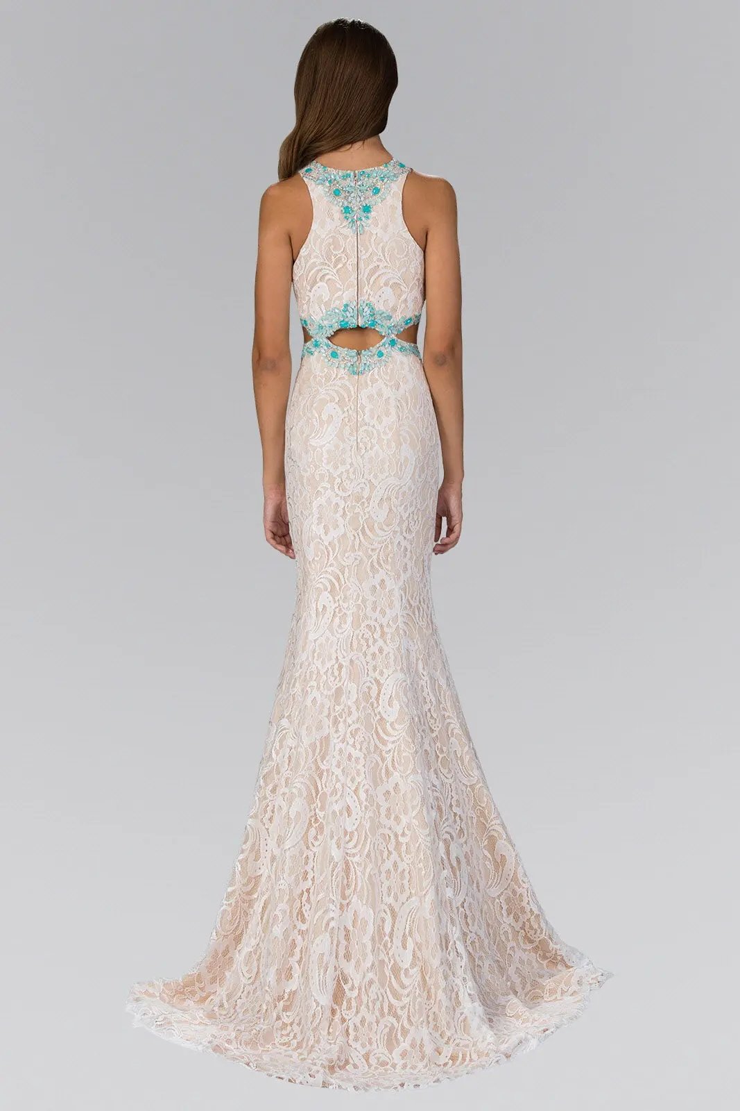 Long Ivory Lace Dress Accented with Bluish Jewel and Cut Outs by Tux-USA