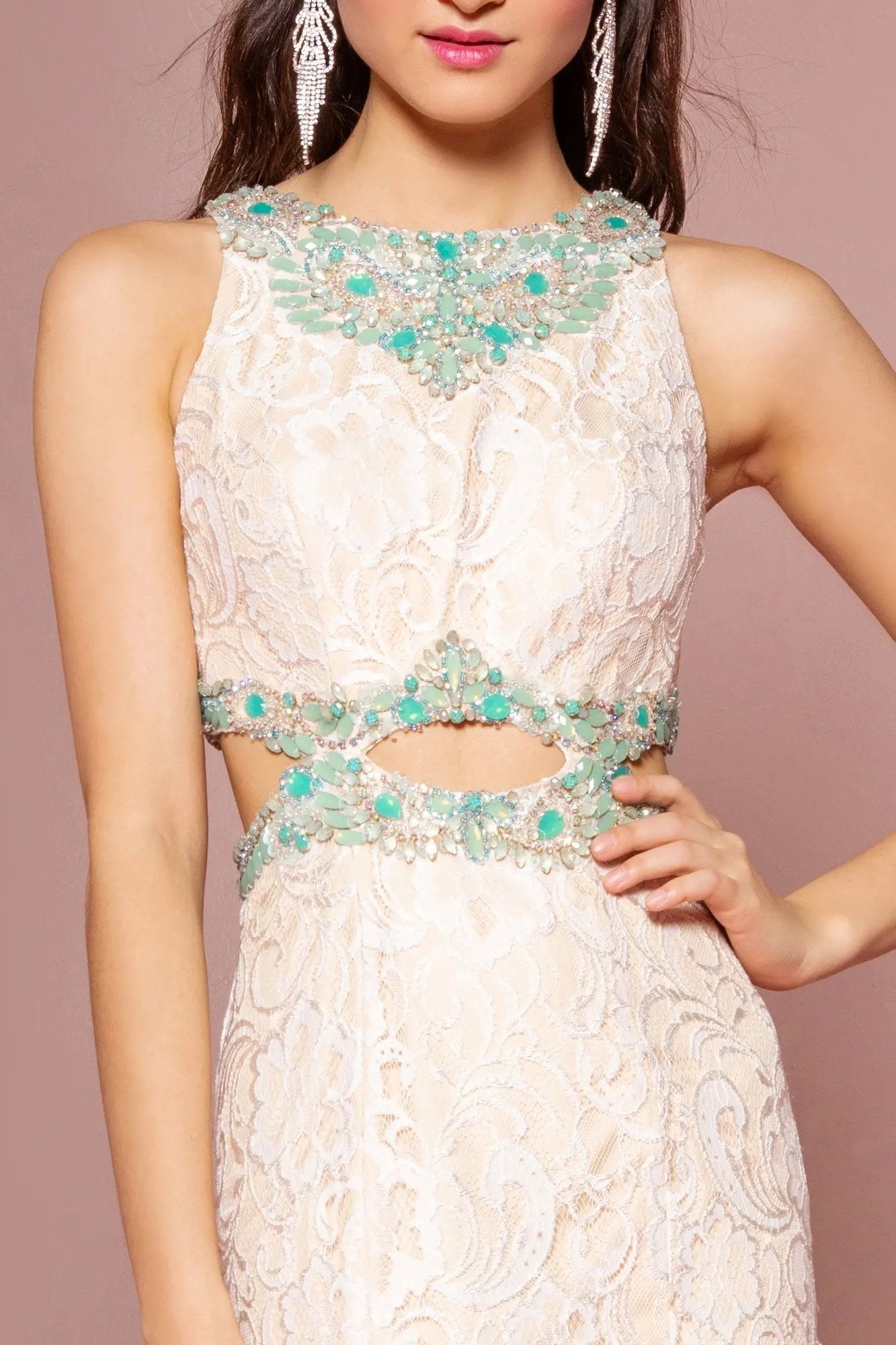 Long Ivory Lace Dress Accented with Bluish Jewel and Cut Outs by Tux-USA