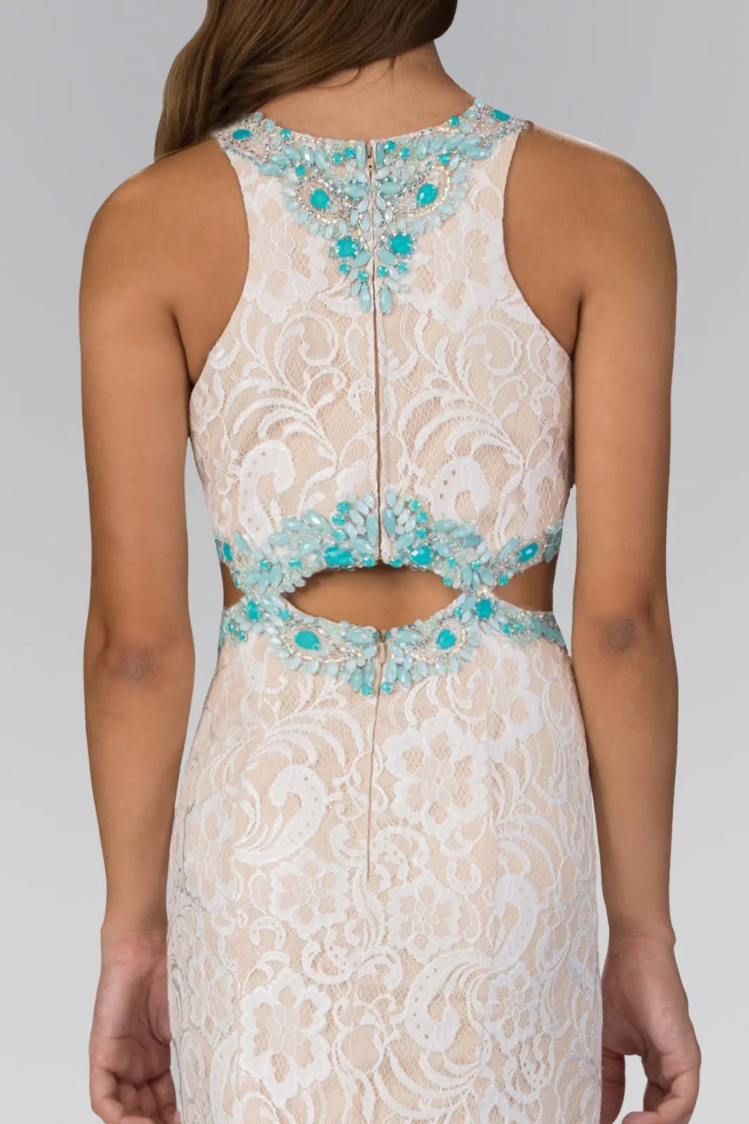 Long Ivory Lace Dress Accented with Bluish Jewel and Cut Outs by Tux-USA