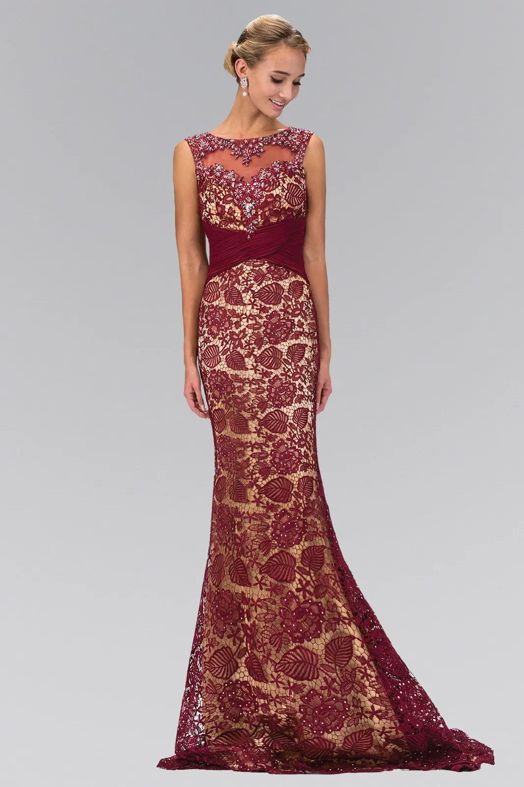 Lace Embellished Long Dress with Bead Detailing by Tux-USA