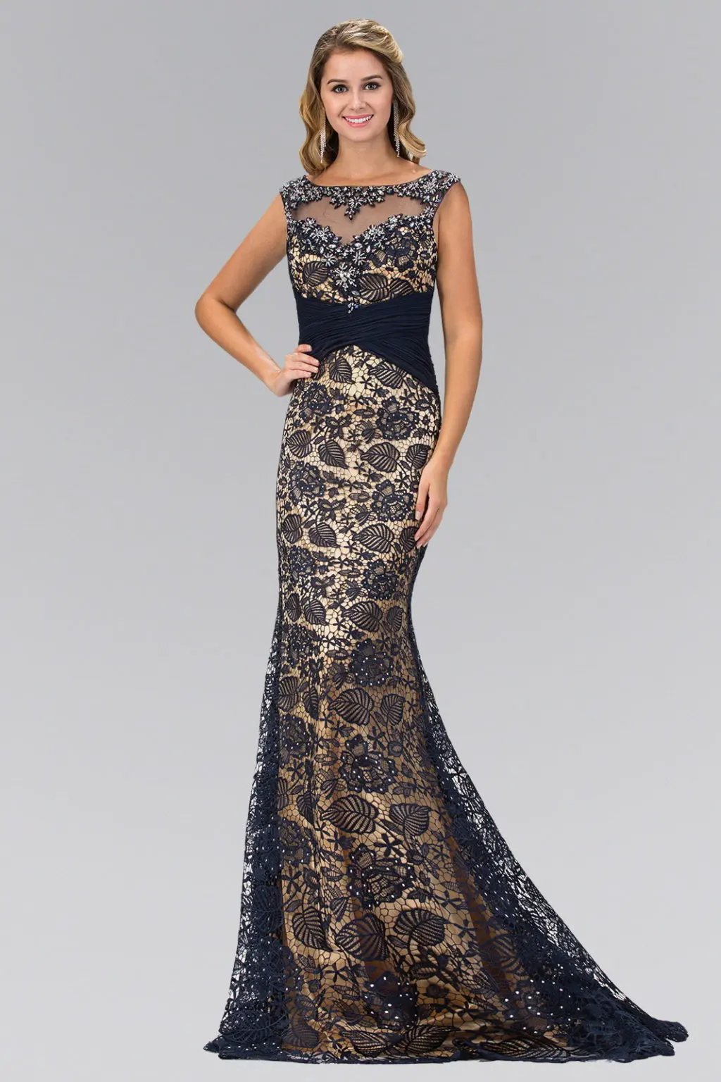 Lace Embellished Long Dress with Bead Detailing by Tux-USA