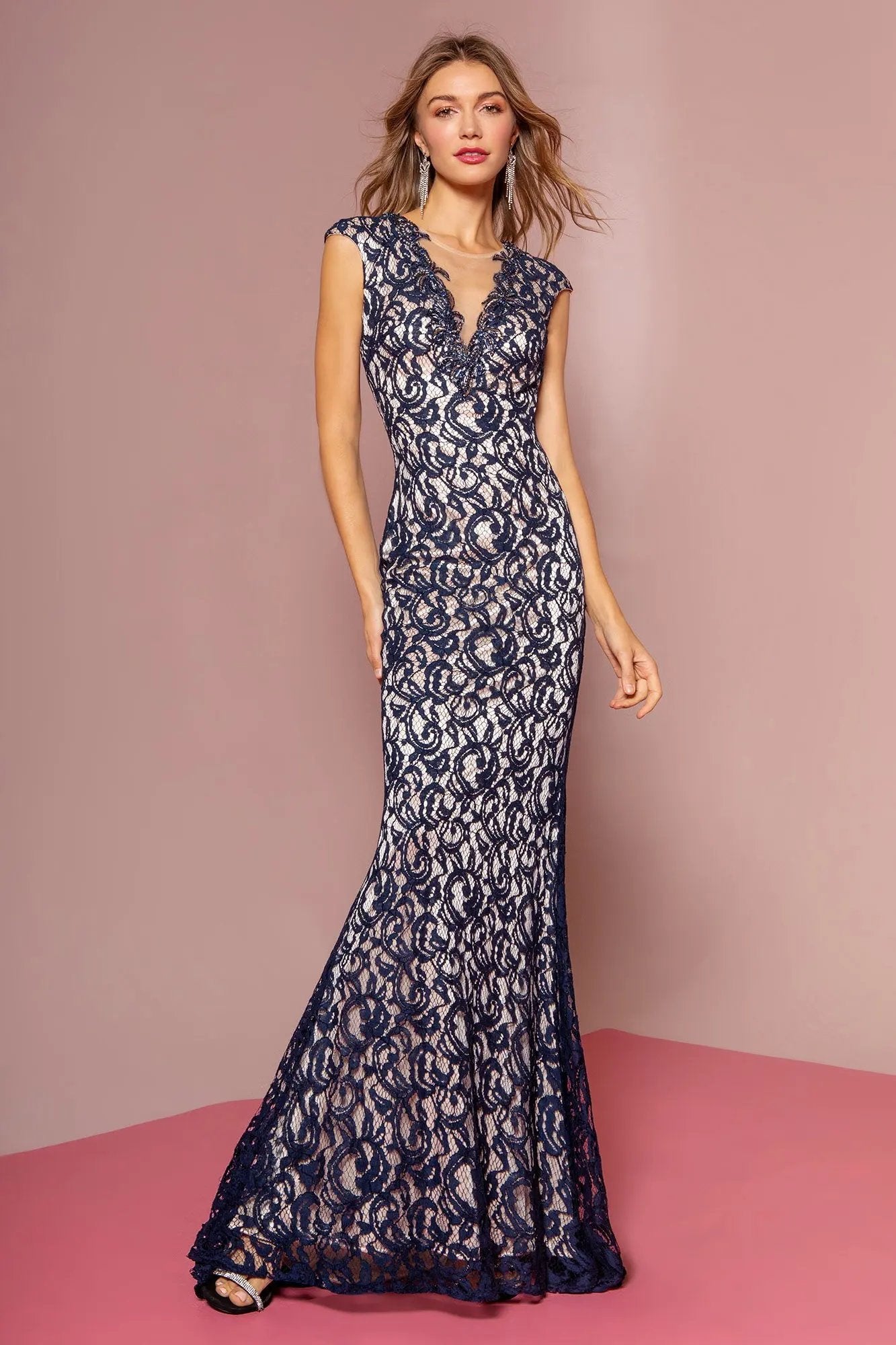 Lace Floor Length Dress with Beaded V-Neck and Sheer Back by Tux-USA