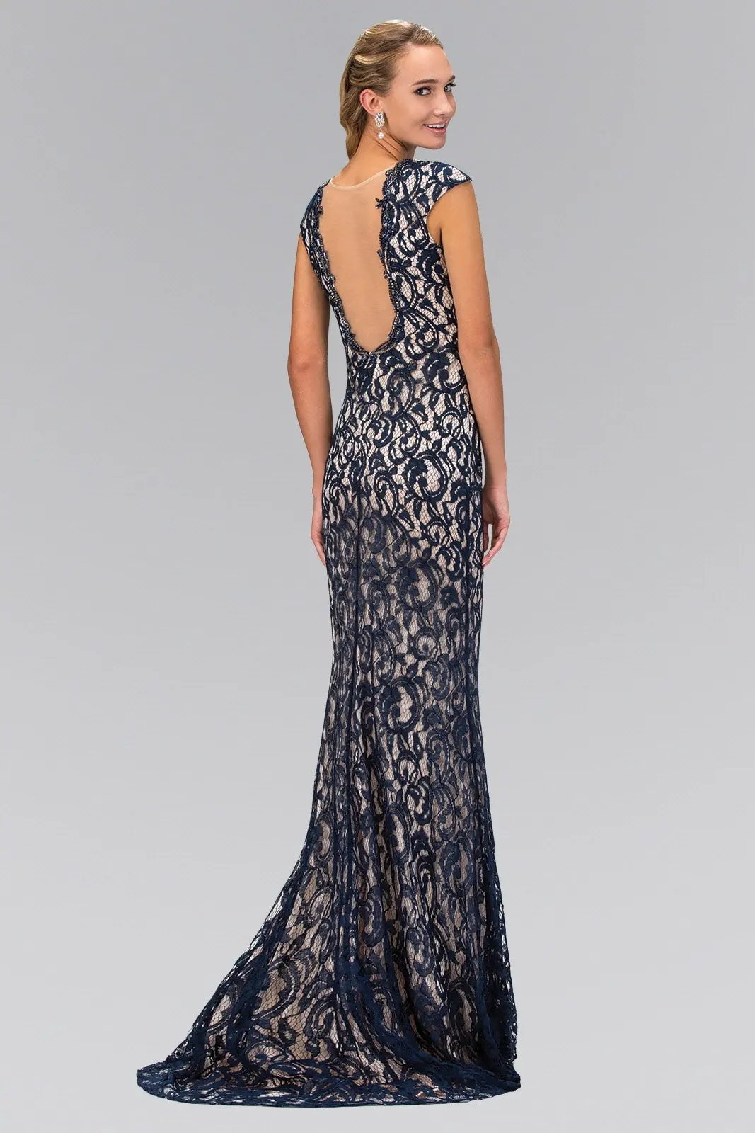 Lace Floor Length Dress with Beaded V-Neck and Sheer Back by Tux-USA