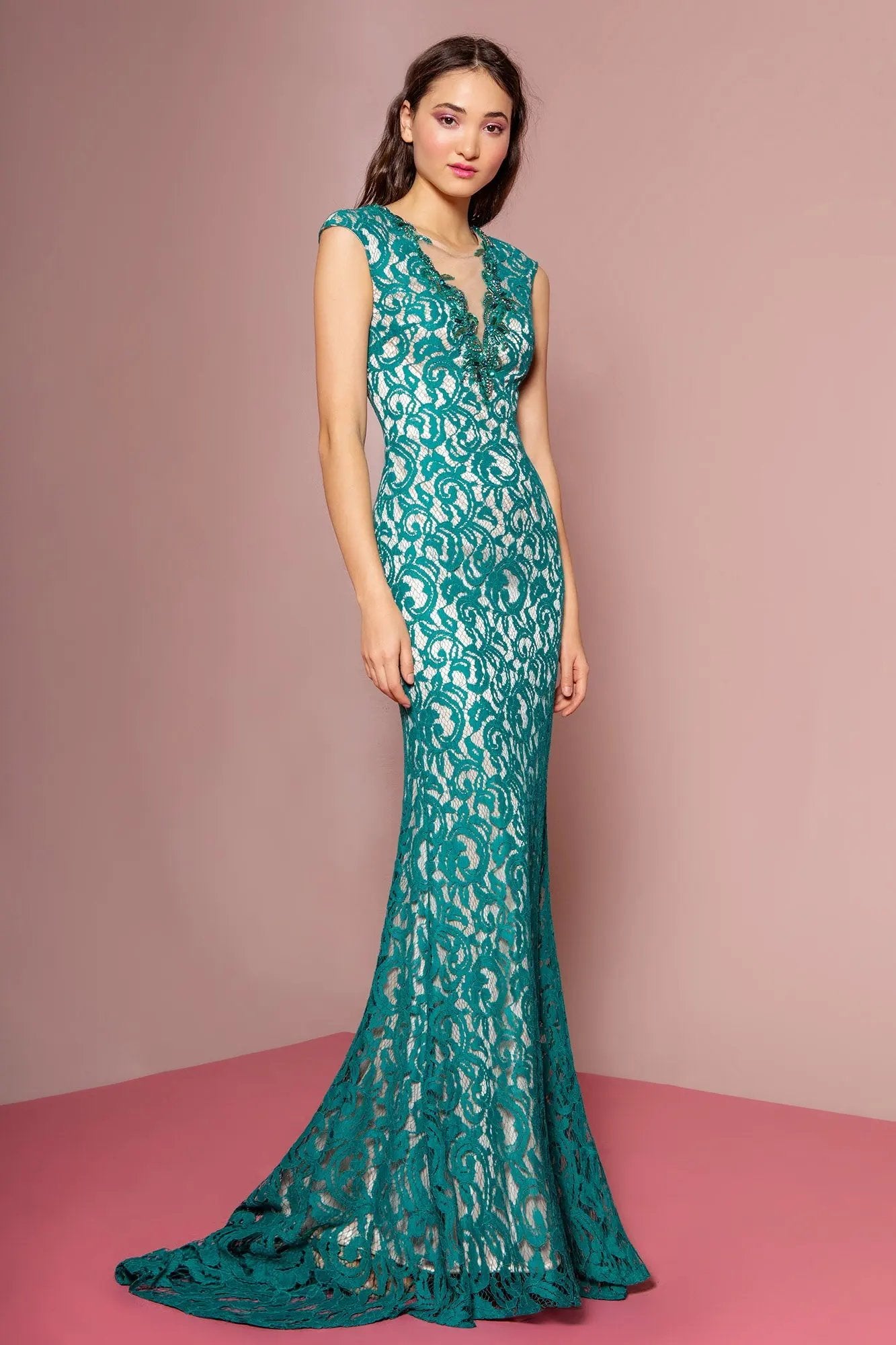 Lace Floor Length Dress with Beaded V-Neck and Sheer Back by Tux-USA