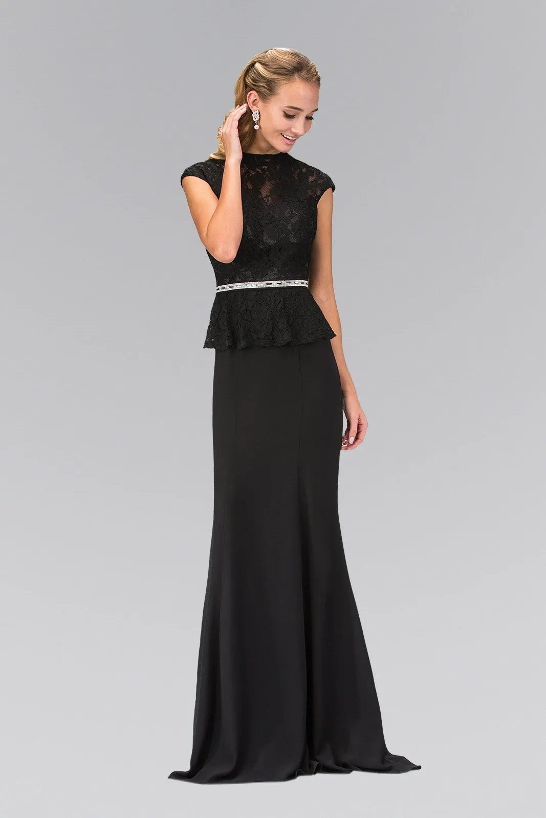 High Neck Cap Sleeve Peplum Long Dress by Tux-USA