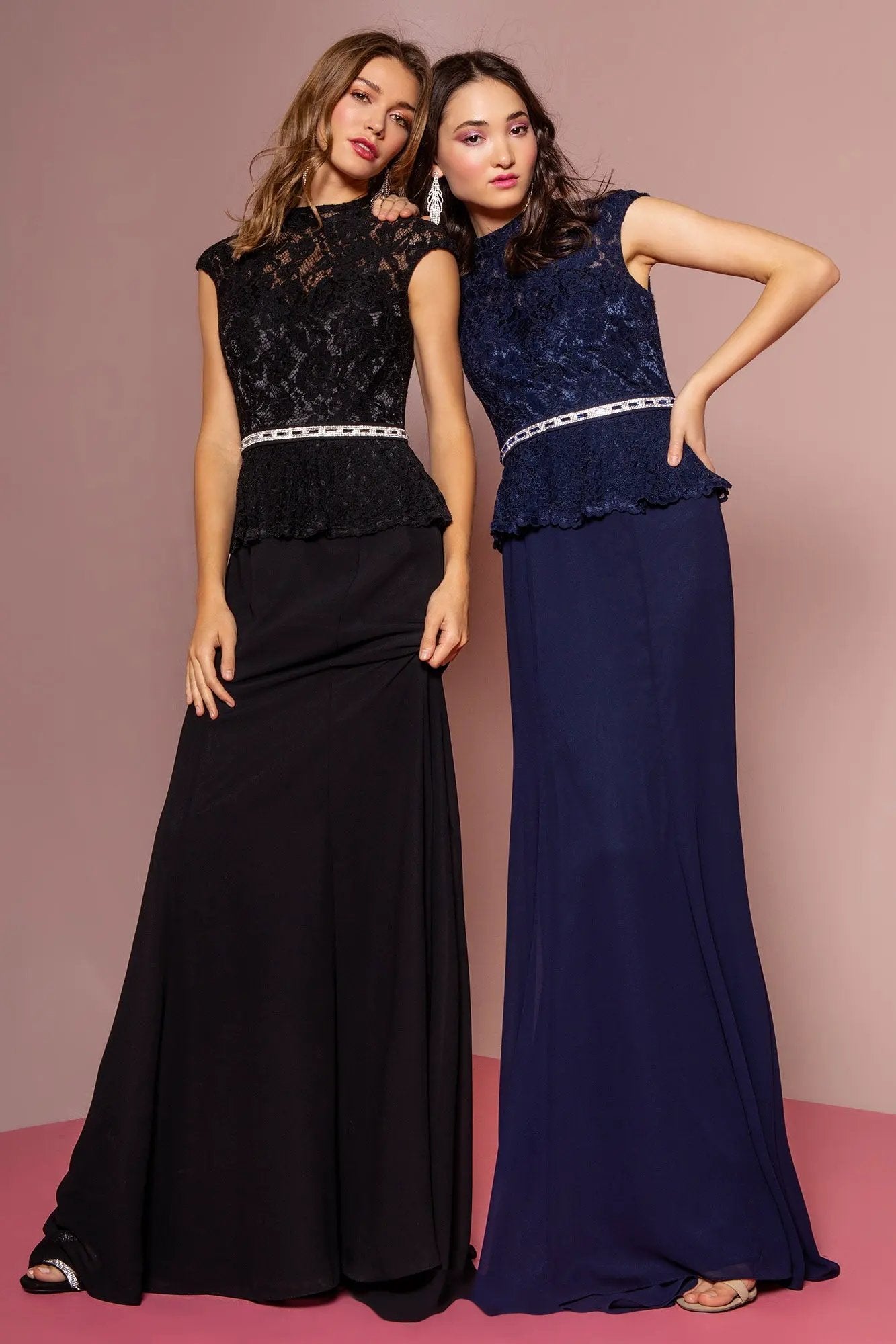 High Neck Cap Sleeve Peplum Long Dress by Tux-USA