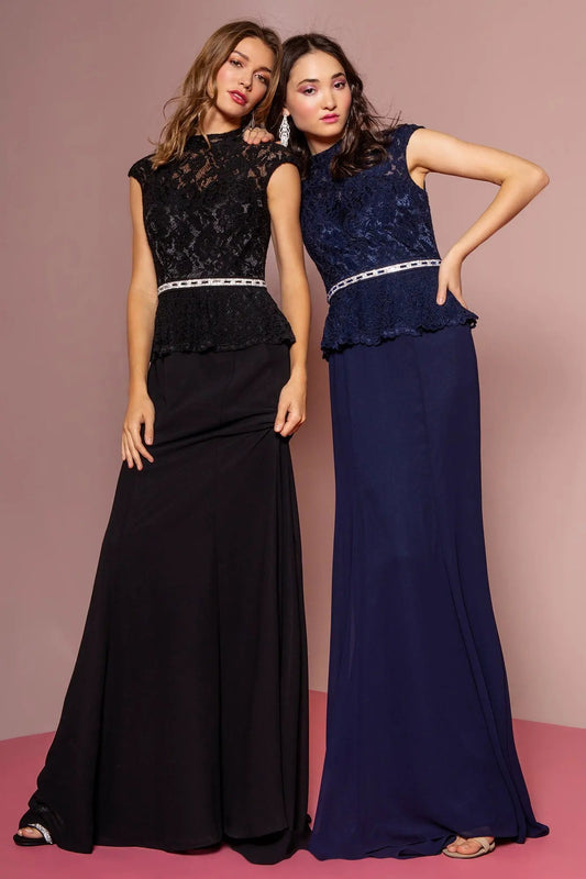 High Neck Cap Sleeve Peplum Long Dress by Tux-USA