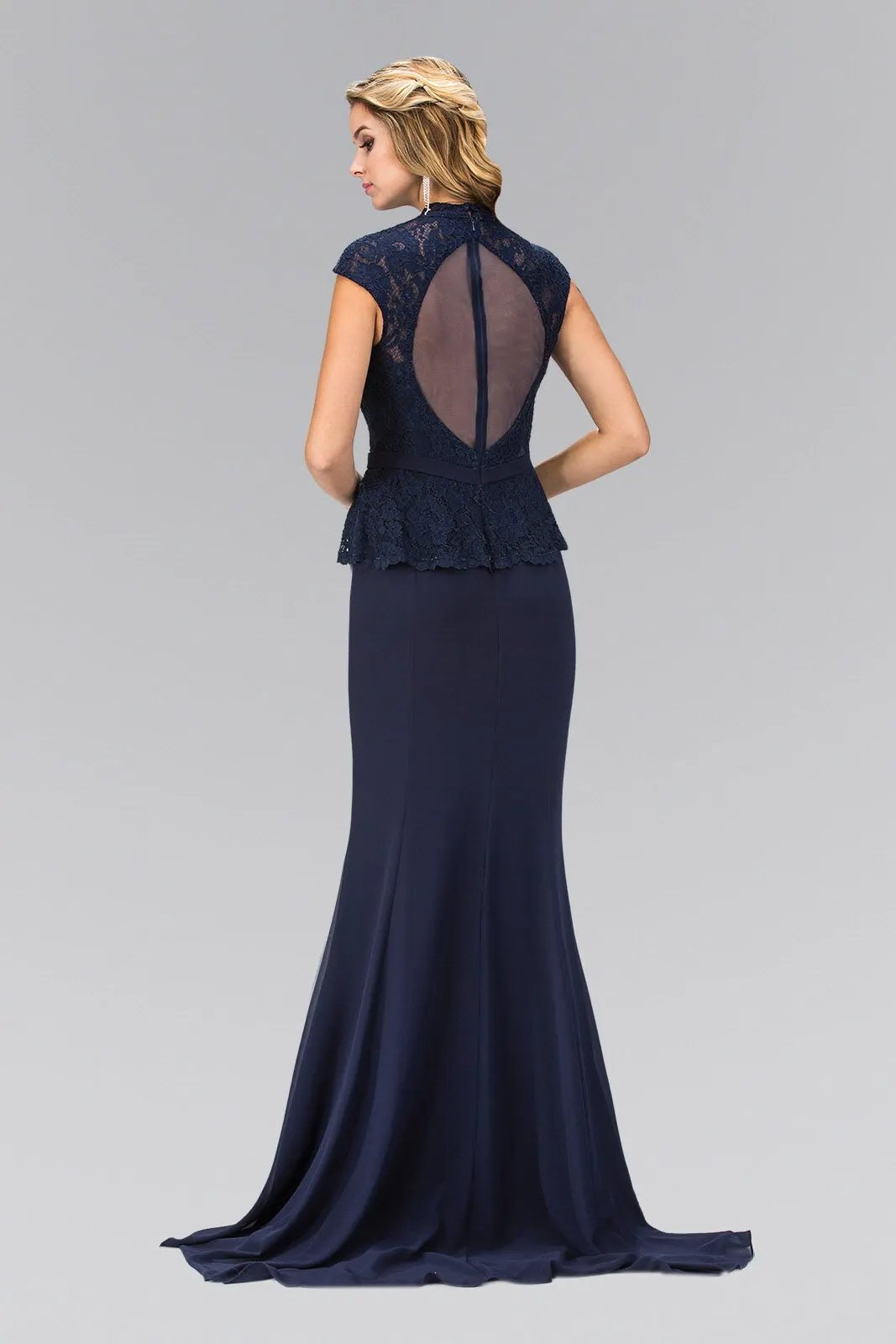 High Neck Cap Sleeve Peplum Long Dress by Tux-USA