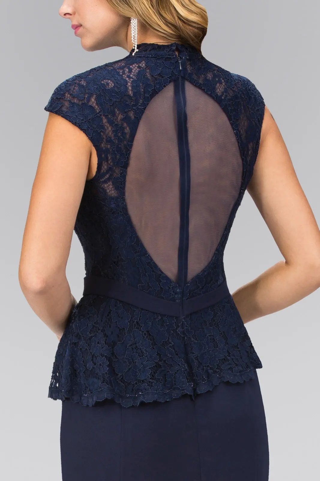 High Neck Cap Sleeve Peplum Long Dress by Tux-USA