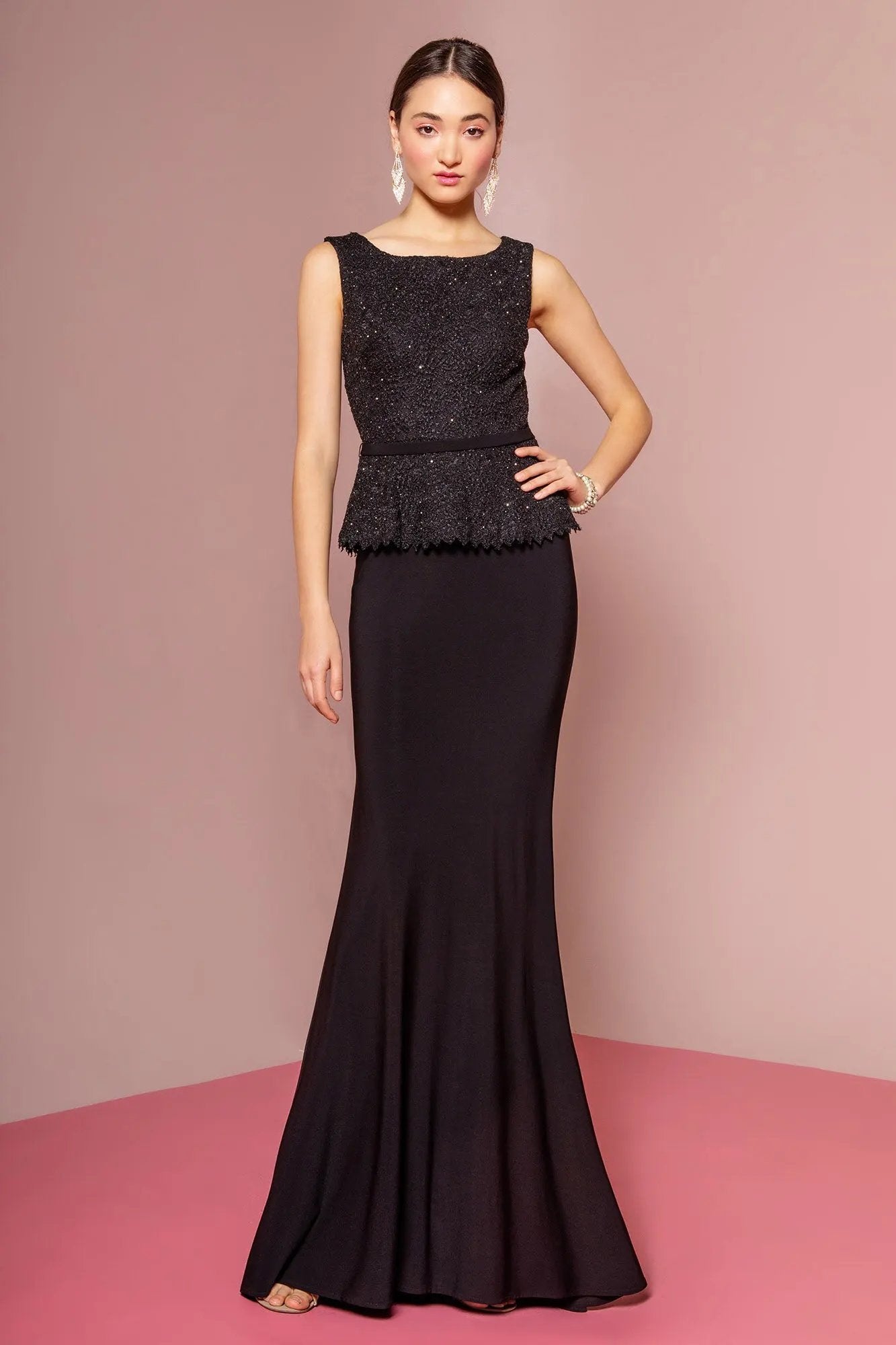 Peplum Floor Length Jersey Dress with Lace Bodice by Tux-USA