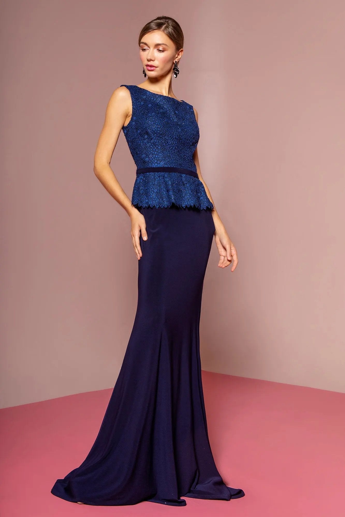 Peplum Floor Length Jersey Dress with Lace Bodice by Tux-USA