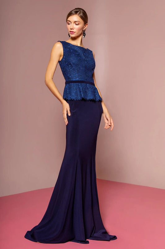 Peplum Floor Length Jersey Dress with Lace Bodice by Tux-USA