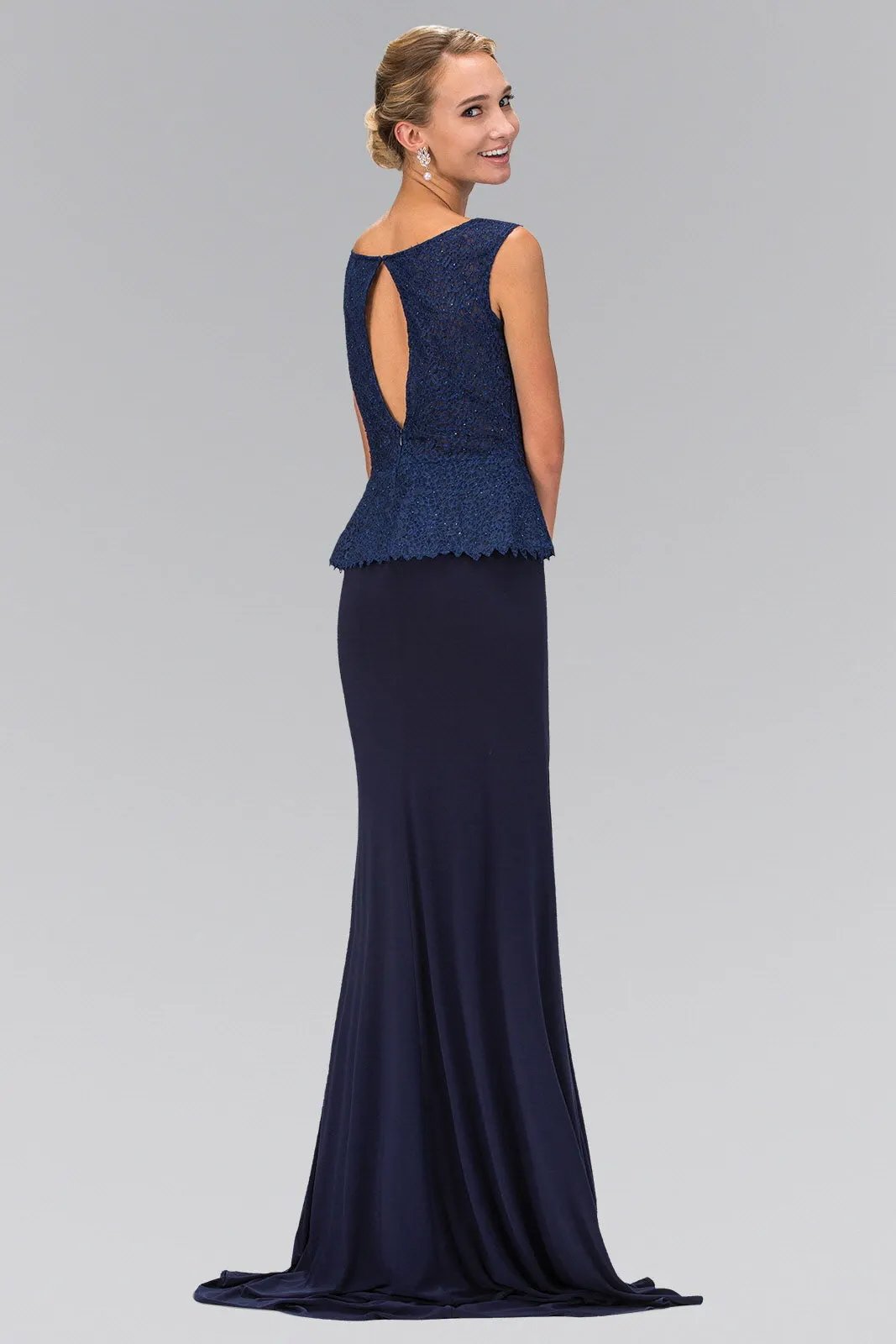 Peplum Floor Length Jersey Dress with Lace Bodice by Tux-USA