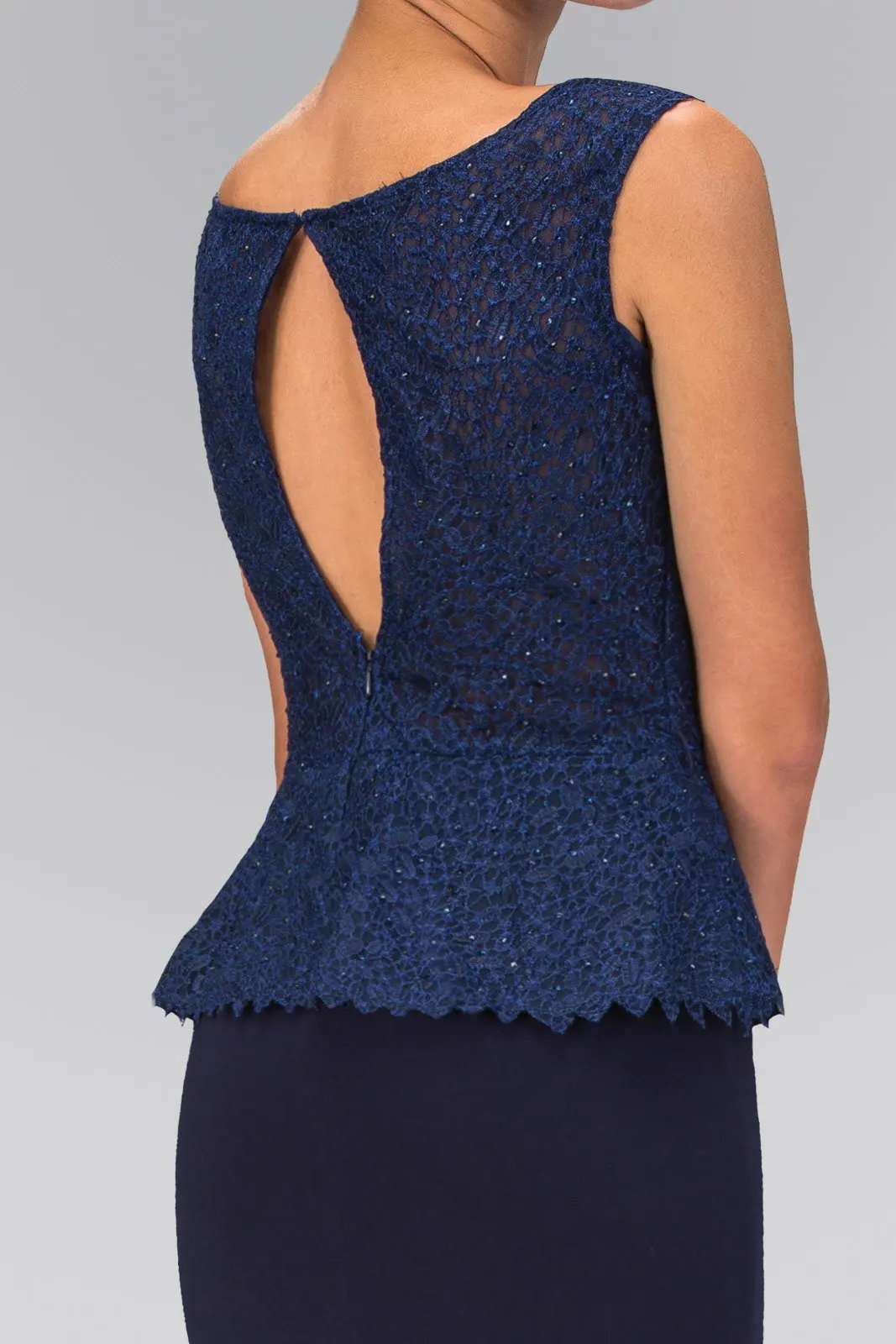 Peplum Floor Length Jersey Dress with Lace Bodice by Tux-USA
