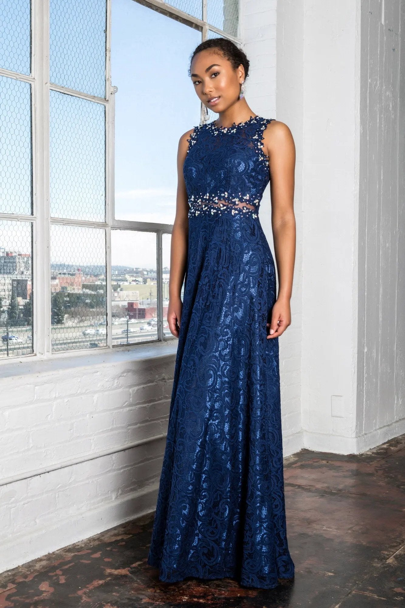 Floor Length Sleeveless Lace Dress by Tux-USA
